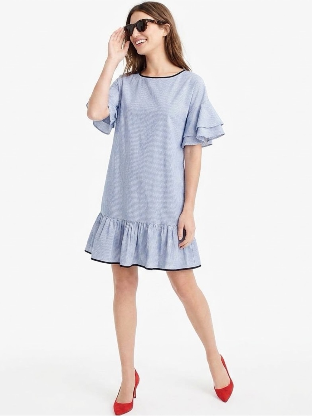 NEW Zara Ruffled chambray Dress XSmall Blue Striped Short Sleeve